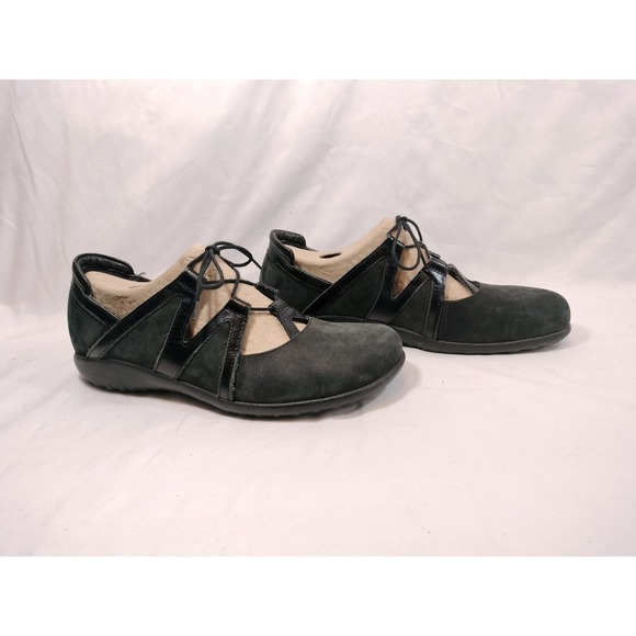 Naot Shoes - Naot Timu Black Suede Patent Leather Lace Up Ghillie Flats